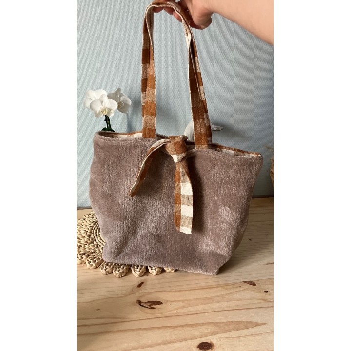 Tote Bag Doudou Automne/Hivers- Sac Doux et Confortable avec Noeud et Doublure à Carreaux