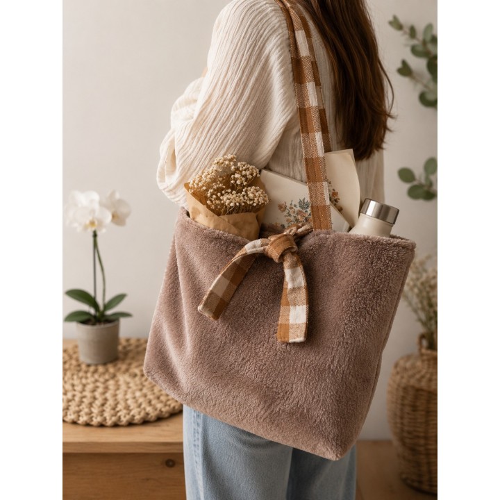 Tote Bag Doudou Automne/Hivers- Sac Doux et Confortable avec Noeud et Doublure à Carreaux