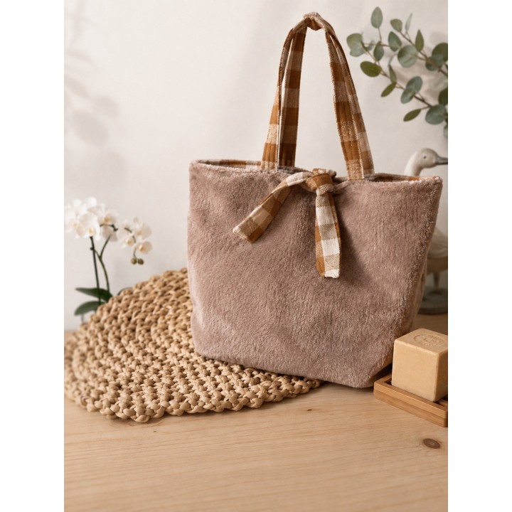 Tote Bag Doudou Automne/Hivers- Sac Doux et Confortable avec Noeud et Doublure à Carreaux