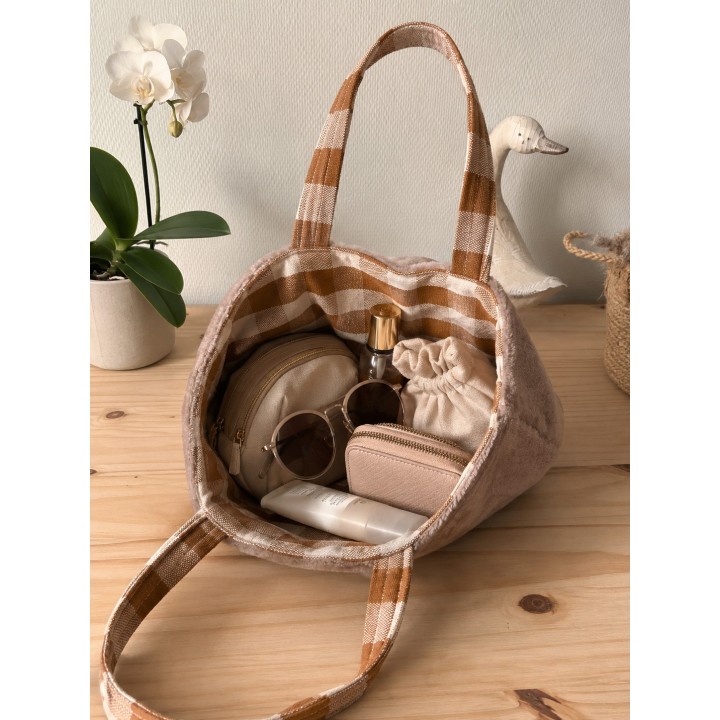 Tote Bag Doudou Automne/Hivers- Sac Doux et Confortable avec Noeud et Doublure à Carreaux
